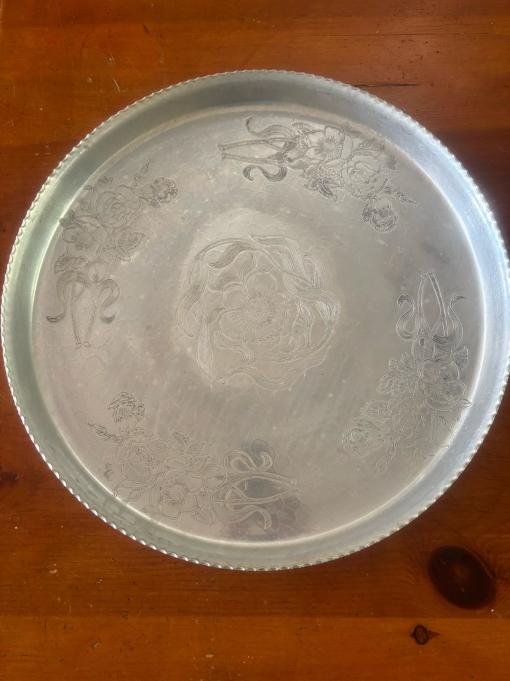 Vintage Etched Floral Aluminum Serving Tray 18”x18”Peony Rose MCM USA Made